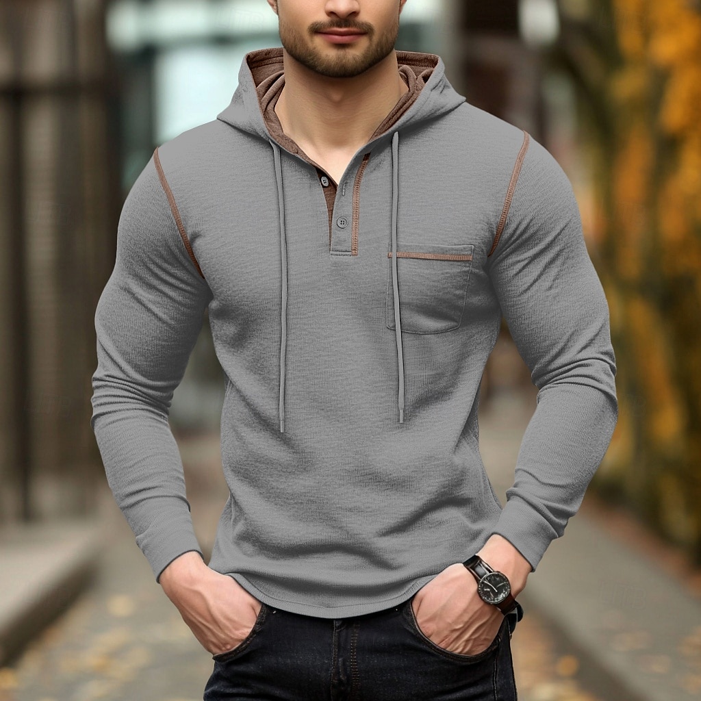 Per uomo Maglietta Felpa con cappuccio Henley Manica Lunga Con Cappuccio Henley Primavera & Autunno Tinta unica Maglieria Quotidiano All'aperto Tasca All'aperto Casual Casuale Grigio scuro blu navy del 2025 a $22.99 –P6