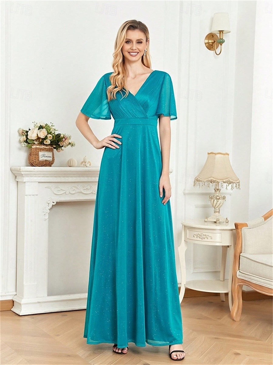 A-Linjainen Quinceanera-mekko Elegantti Mekko Viralliset Häät Lattiapituus Lyhythihainen V-aukko Šifoni Pleidillä 2025 - $89.99 –P3