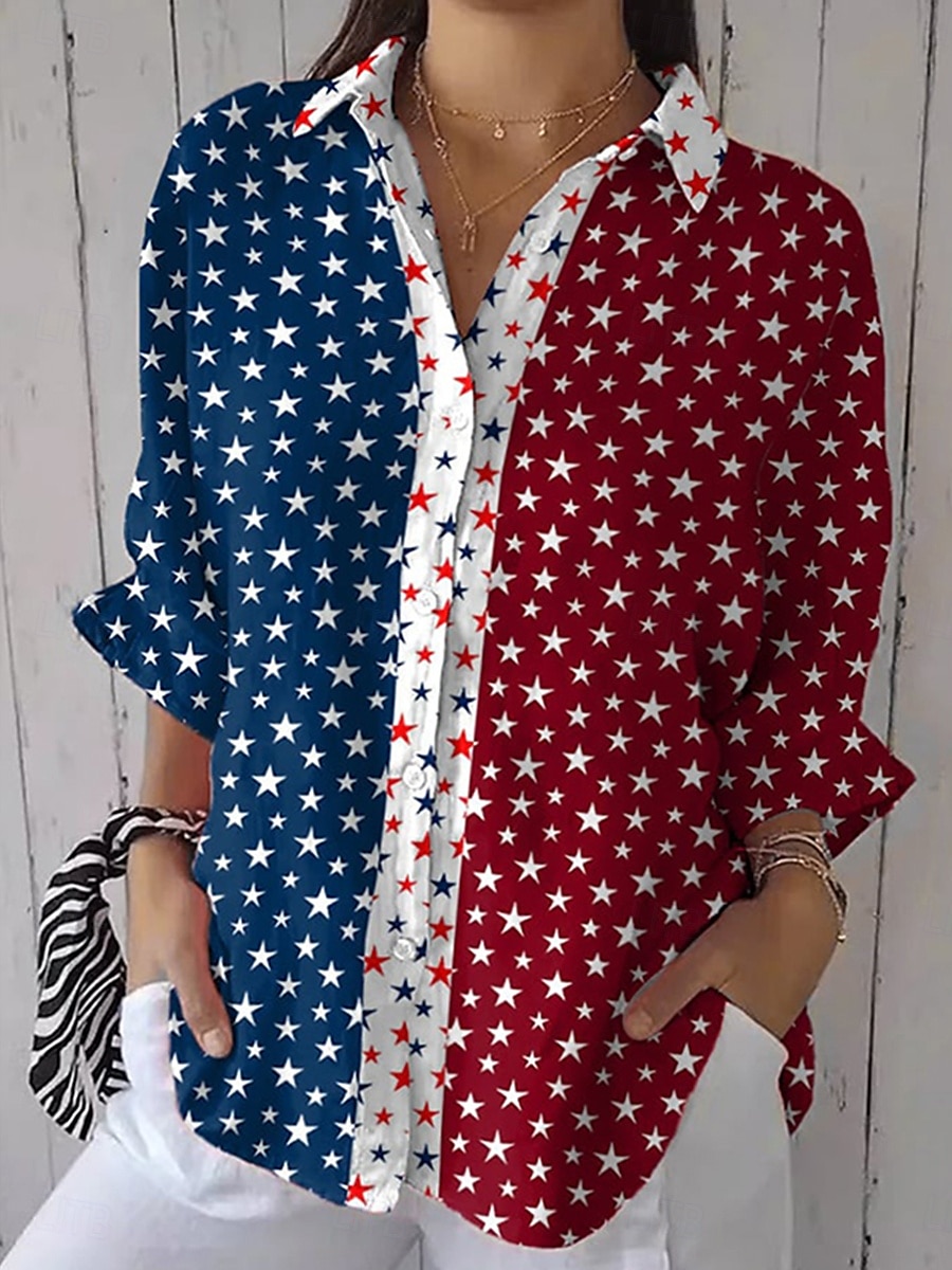 Amerikaanse onafhankelijkheidsdag Dames Overhemd Grafisch Vlag Dagelijks Stijlvol Casual Lange mouw Overhemdkraag Normale tops Dagelijks Feestdagen Knop Afdrukken Wijn Rood blauw Zomer Lente 2025 - $32.99 –P3