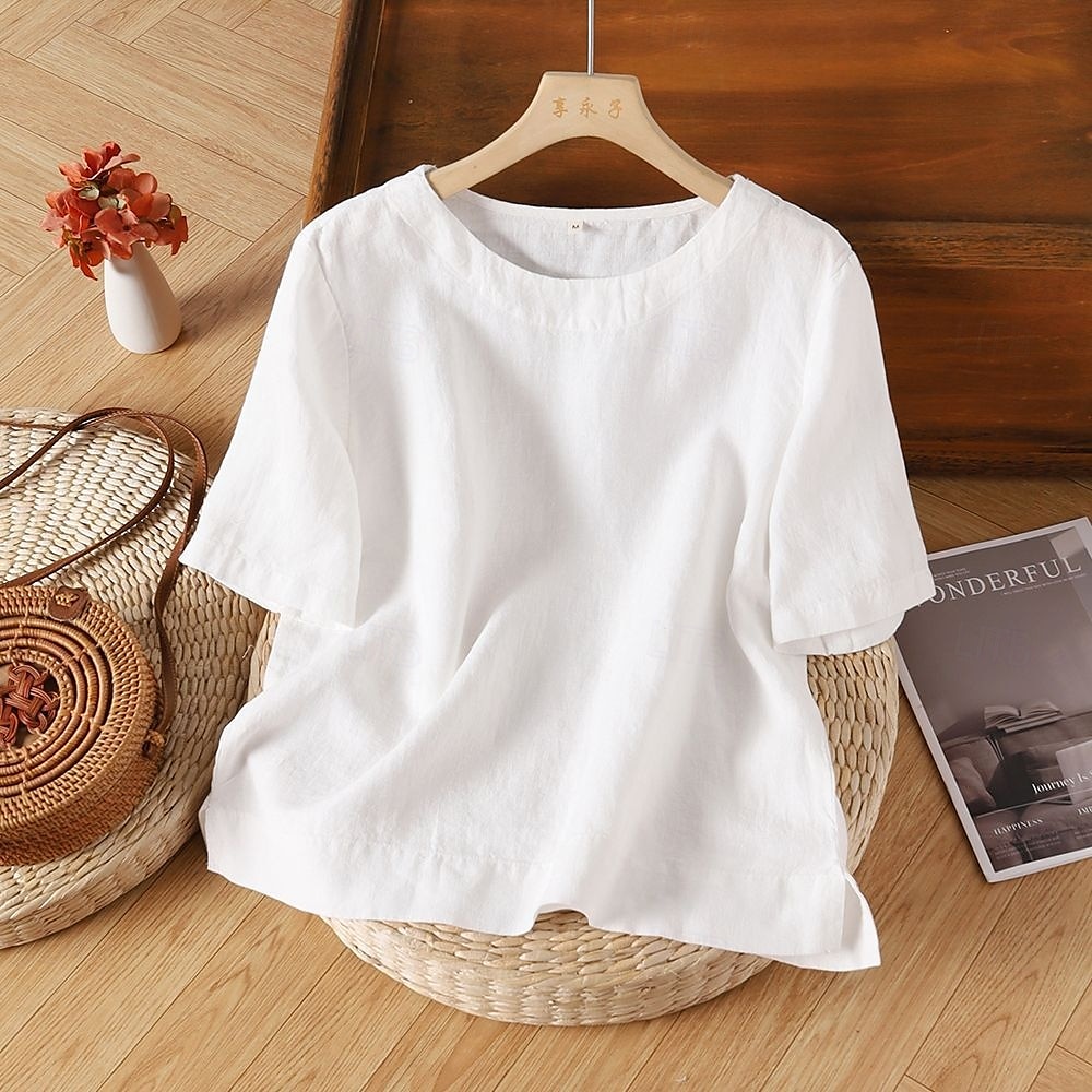 Femmes Chemise Haut en Coton Blanc Couleur Unie Élégant ancien Basique Manche Courte Col ras du cou Hauts Réguliers Quotidien Sortir Week-end Blanche Jaune Rose Claire Violet Vert Été Printemps de 2025 ? $13.99 –P4