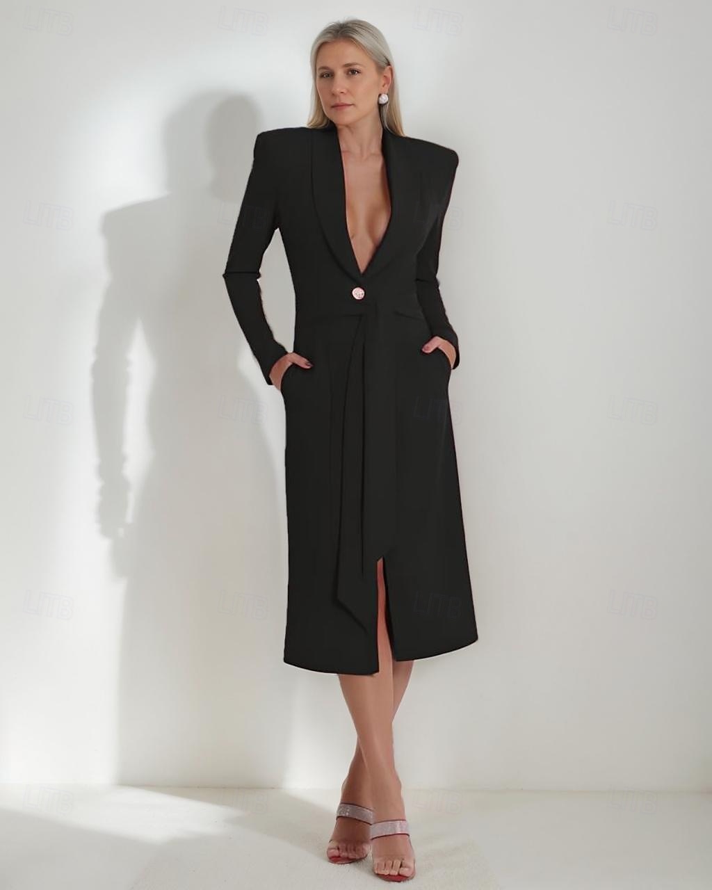 Robe trapèze pour mère de la mariée, robe smoking, élégante, portefeuille, simple, minimaliste, col en V, revers châle, longueur midi, longueur thé, crêpe, tissu extensible, manches longues, couleur de 2025 ? $120.99 –P1