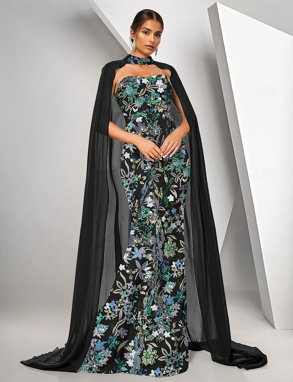 Lichtblauwe Cape Jurk Zeemeermin  Trompet Avondjurk Elegante Jurk Formele Bruiloft Vloerlengte Mouwloos Strapless Stretch Crepe met Beading Kant 2025 - $179.99 –P7