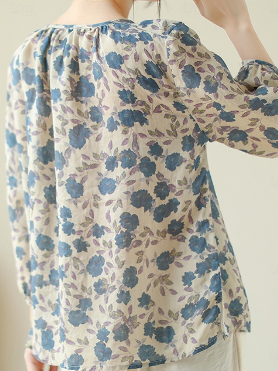 Pentru femei Cămăși Bumbac In Floral De Bază Casual Lungime Manșon 3/4 Stil Nautic Topuri obișnuite Zilnic Imprimeu Albastru piscină Vară 2025 - $18.99 –P2