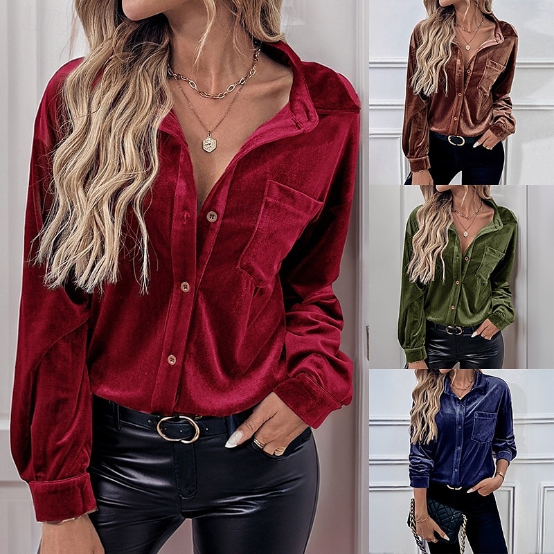 Damen Hemd Einfarbig Elegant Stilvoll Lässig Langarm Hemdkragen Normale Oberteile Täglich Knöpfe Rote Blau Braun Grün Sommer Frühling 2025 - $32.99 –P1