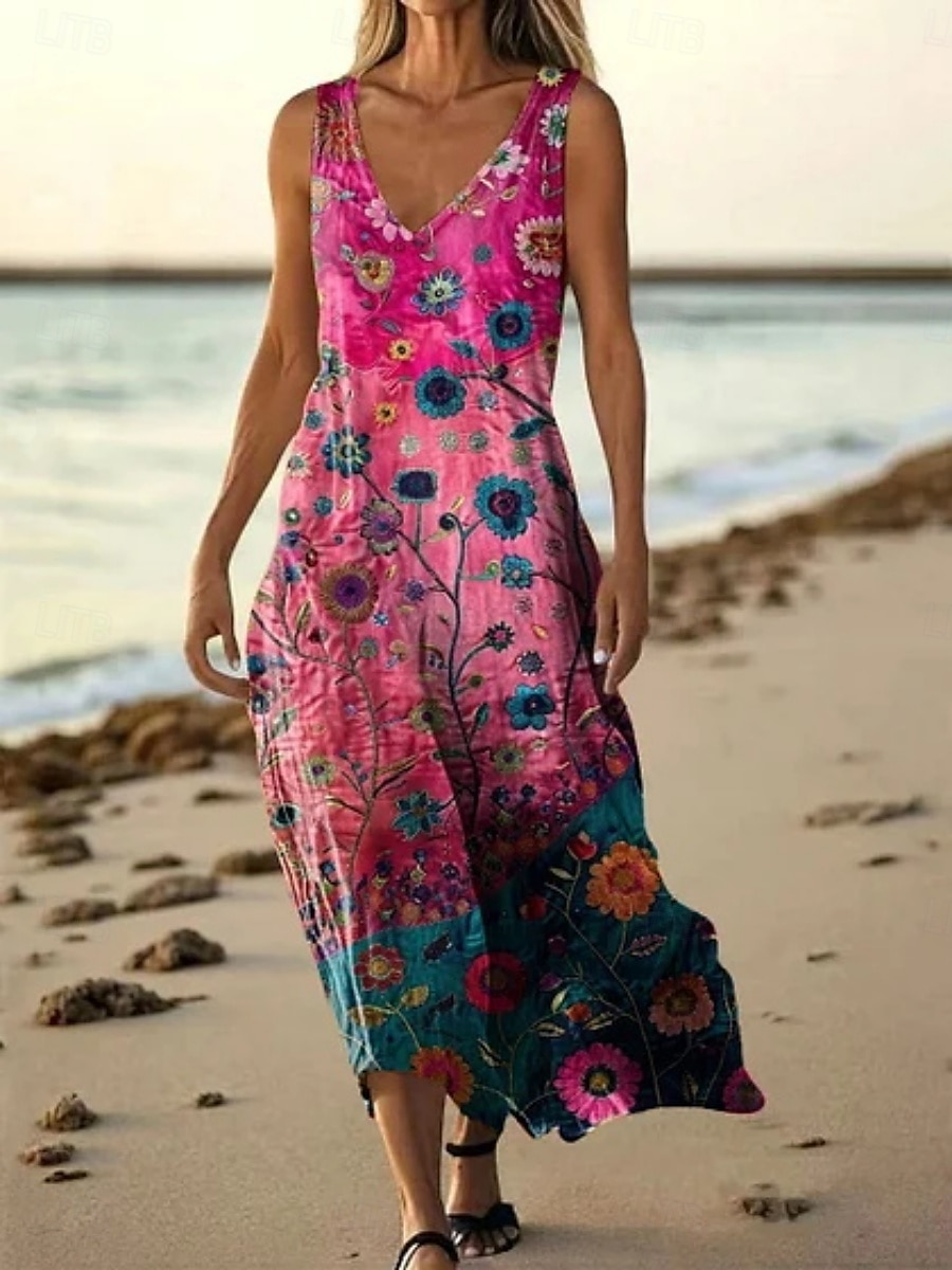 Pentru femei Rochie Lunga Rochie Maxi Rochie casual Rochie Tip Maieu Rochie de vară Modă Zilnic Concediu Plajă Fit regulat Floral Fără manșon În V Verde Deschis Roz Îmbujorat Roșu-aprins Albastru 2025 - $20.99 –P2