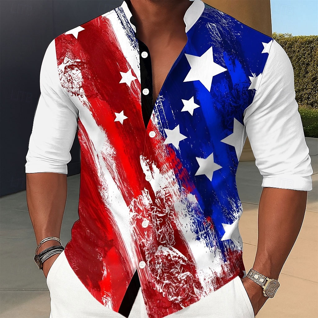 Independence Day Men's US Flag Patriotic Fourth of July Shirt Stand Collar Shirt Casual Dress Shirt Long Sleeve Casual Holiday Summer Spring Mandarin Collar Band Collar 3D Print Button Up Shirts 2025 - $25.99 –P3