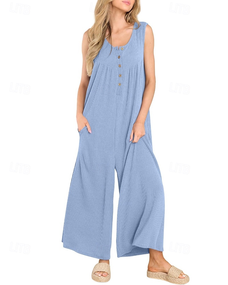 Női Szabályos Jumpsuitek Utcai sikk Tömör szín Ujjatlan U-alakú Gombok Zseb Utca Napi Normál Fekete Sötétkék Medence Nyár 2025 - zł111.96 –P18