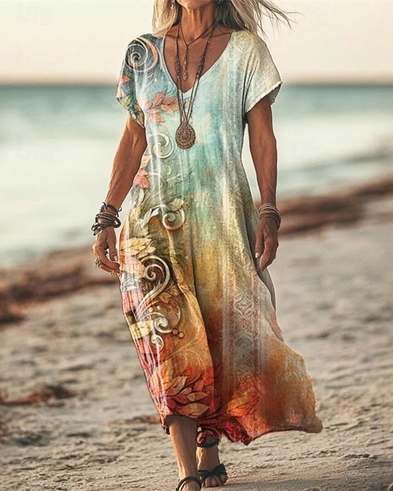 Women's Midi Dress Floral Dress Print Dress Classic Modern Vacation Holiday  Weekend Regular Fit Flower Short Sleeve V Neck Yellow Green Khaki Apricot  Summer 2026 - 22.99