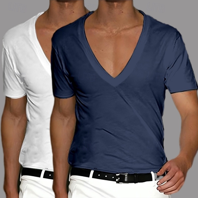 2 Stück Herren T-Shirt Tee Top Kurzarm Kurzarm V-Ausschnitt Sommer Frühling Unifarben Designer Basic Modern Zeitgenössisch Klassischer Stil Basic Urlaub Street Casual Schwarz Weiß Tee 2025 - $17.49 –P13