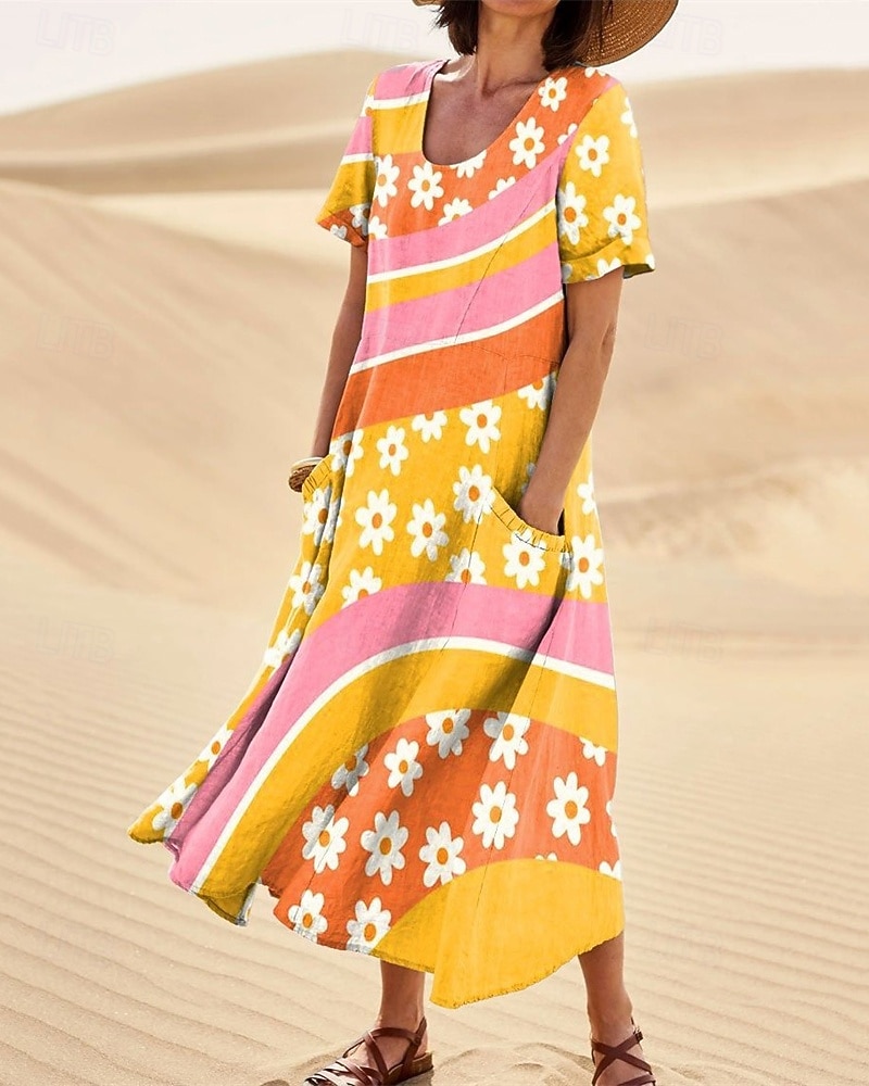 Dames Lange jurk maxi-jurk Casual jurk Swingjurk Zomerjurk Elegant Modieus Romantisch Buiten Feest Feestdagen Normale pasvorm Bloem Korte mouw Strakke ronde hals Geel Rood Groen Zomer 2026 - $28.99 –P2