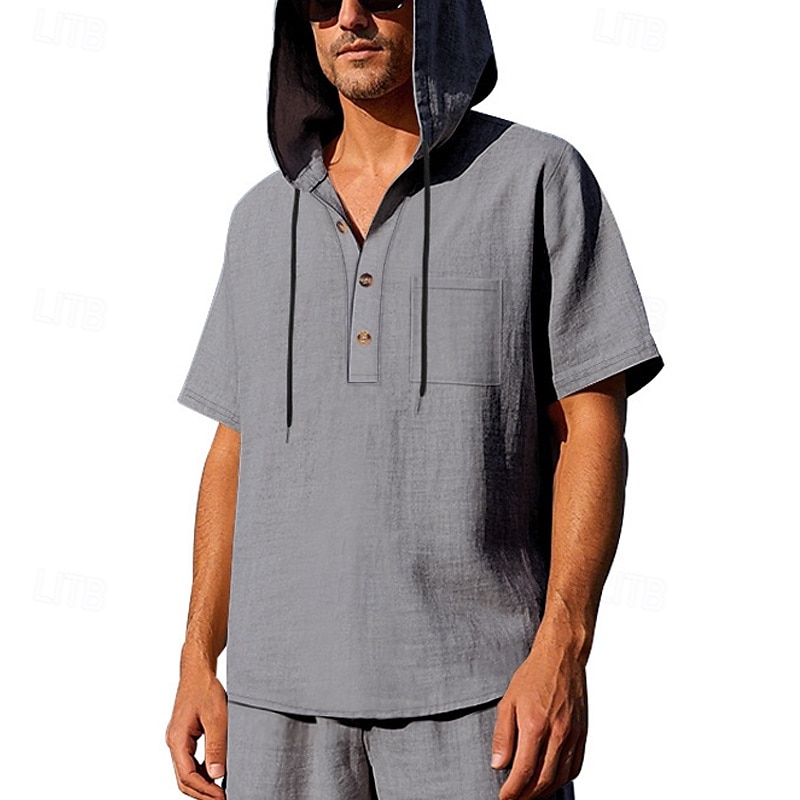 Voor heren T-shirt Henley-shirt T-shirts Shirt met korte mouwen Korte mouw Capuchon Zomer Lente Effen Modieus Ontwerper Basic Knop Vakantie Straat Uitgaan Zwart Wit Geel Top T-shirt voor mannen 2025 - $25.99 –P20