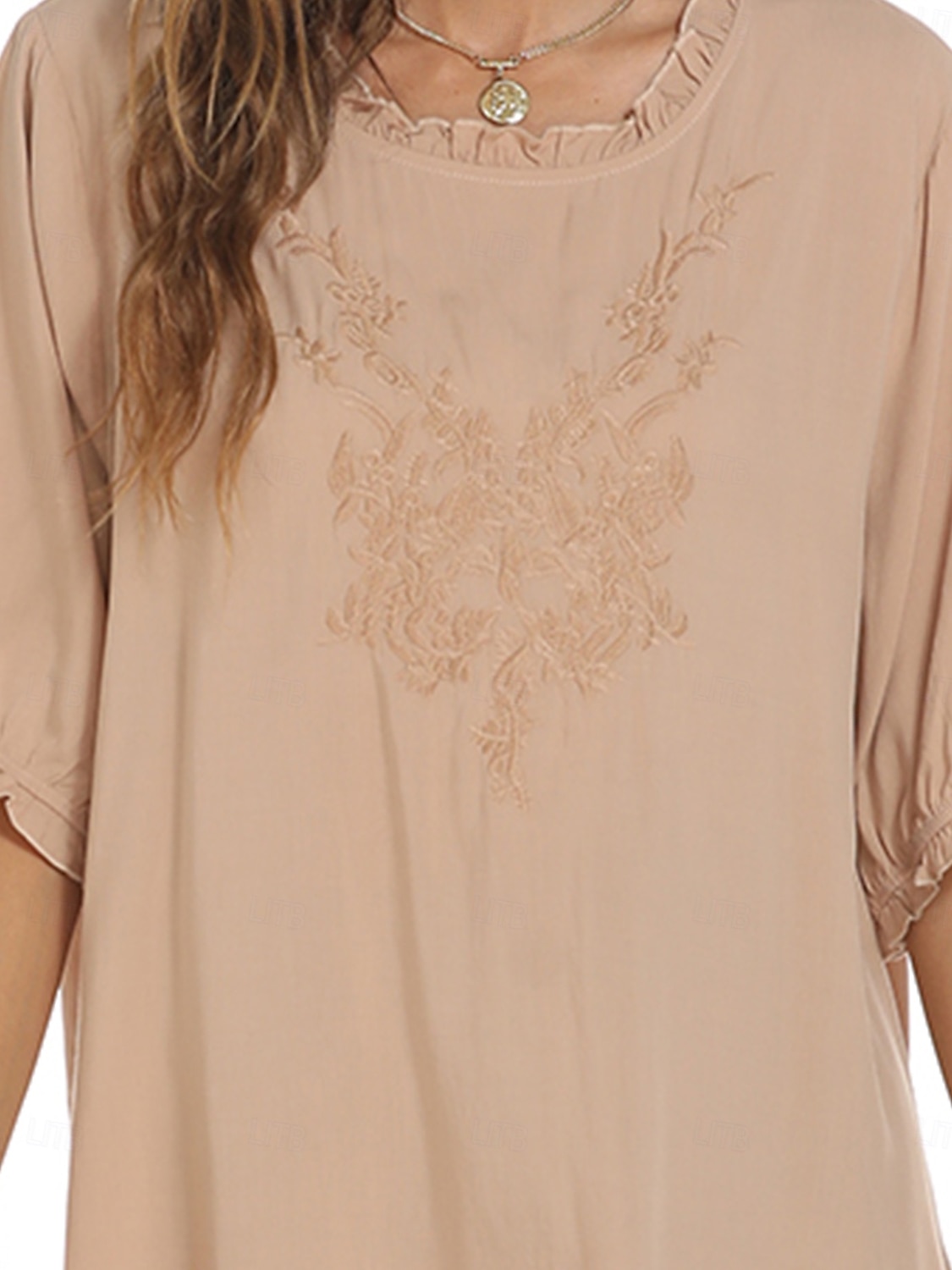 Damen Hemd Einfarbig Blumen Lässig Boho Dreiviertelarm Ellbogenärmel Rundhalsausschnitt Normale Oberteile Täglich Ausgehen Rüsche Bestickt Schwarz Weiß Rote Khaki Sommer 2025 - $24.99 –P20