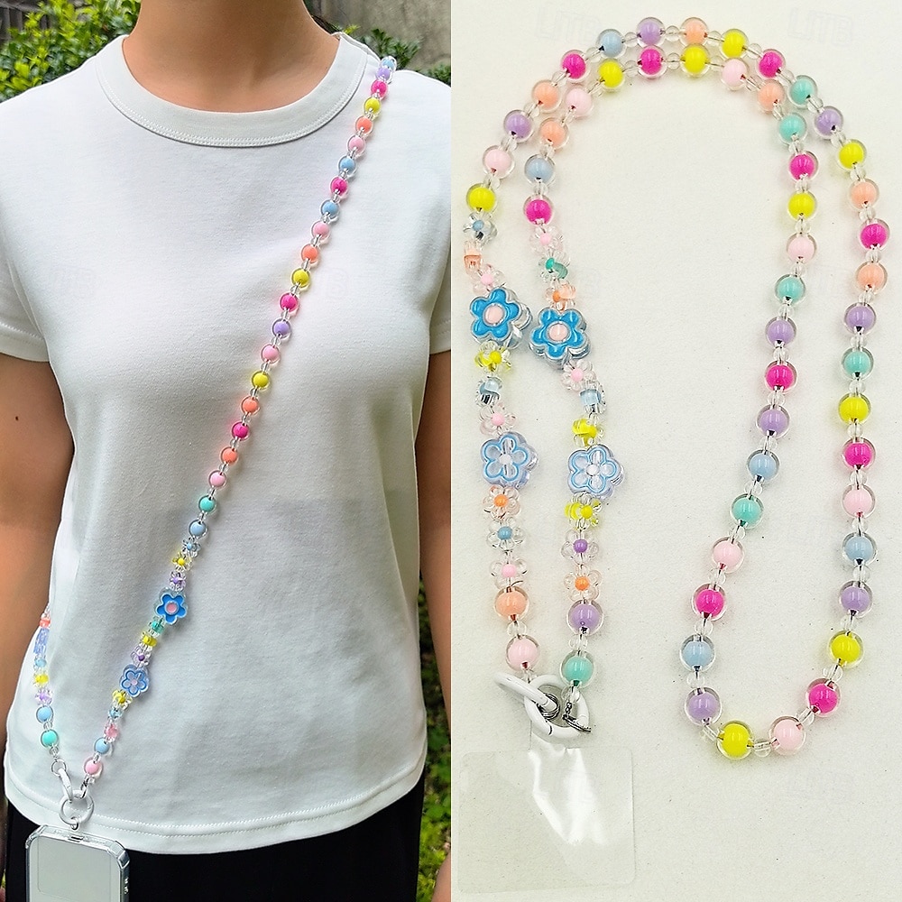 Nuova varietà di custodie per telefono con fiori colorati, con catena a croce diagonale, perline in acrilico, tracolla singola, corda per appendere il telefono, ciondolo di perle per donna del 2025 a $13.99 –P5