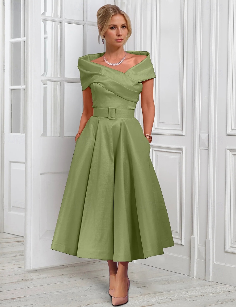 A-Line Cocktail Dresses Elegant Dress Formal Wedding Tea Length Midi Length Sleeveless Adjustable Cover Buttons Off Shoulder Satin with Pleats 2025 - $128.99 –P1