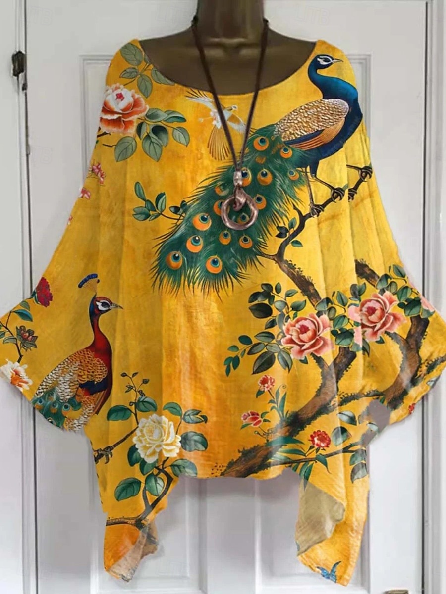 Women's Boho Shirt Floral Graphic Elegant Bohemia Active Short Sleeve Batwing Sleeve Boat Neck Regular Tops Daily Holiday Beach Wear Yellow Pink Blue Khaki Beige Summer Spring 2025 - $22.99 –P1