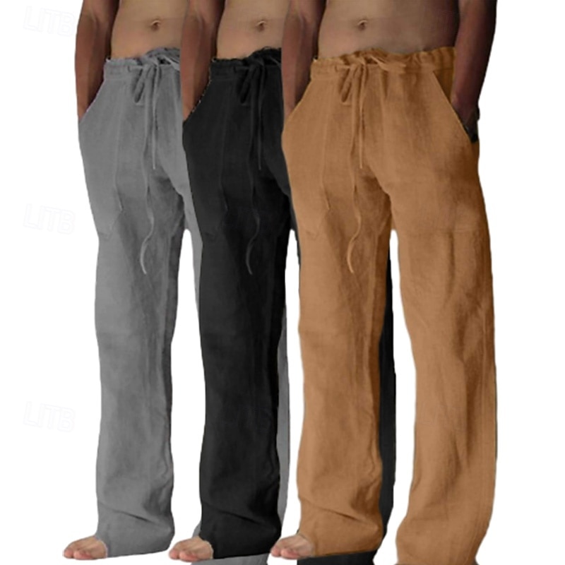 Homens Calças de linho Calças Calça verão Calças largas Calças de praia Bolsos Com Cordão Tecido Conforto Respirável Comprimento total Ioga Casual Diário Férias Estilo Clássico Khaki + Branco + Cinza de 2025 por $39.99 –P9