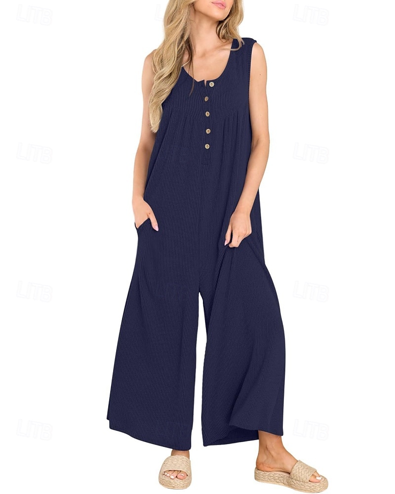 Női Szabályos Jumpsuitek Utcai sikk Tömör szín Ujjatlan U-alakú Gombok Zseb Utca Napi Normál Fekete Sötétkék Medence Nyár 2025 - zł111.96 –P20