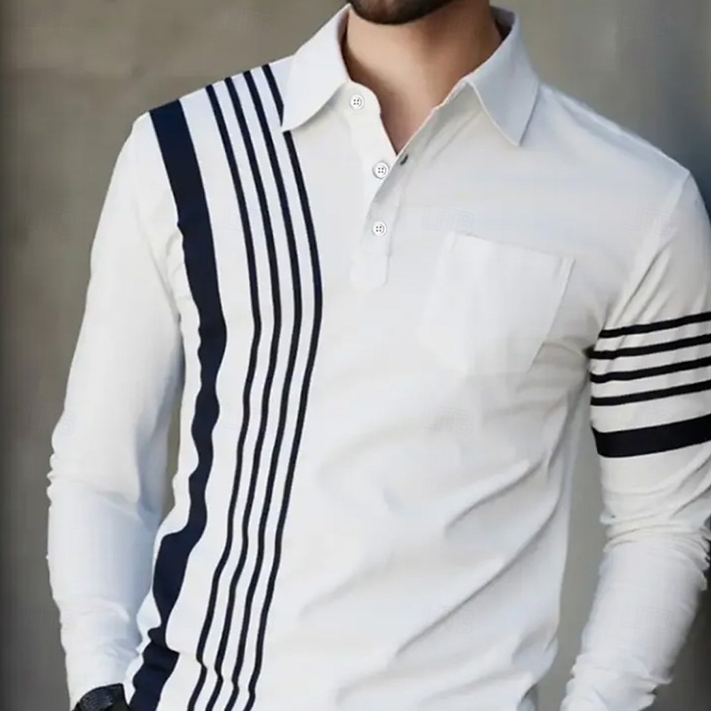 Herr Randig Polo Långärmad Polotröjor Kavajslag Business Casual Företag Fritids- Ficka Knappar Sommar Vår Höst Vit 2025 - $25.99 –P2