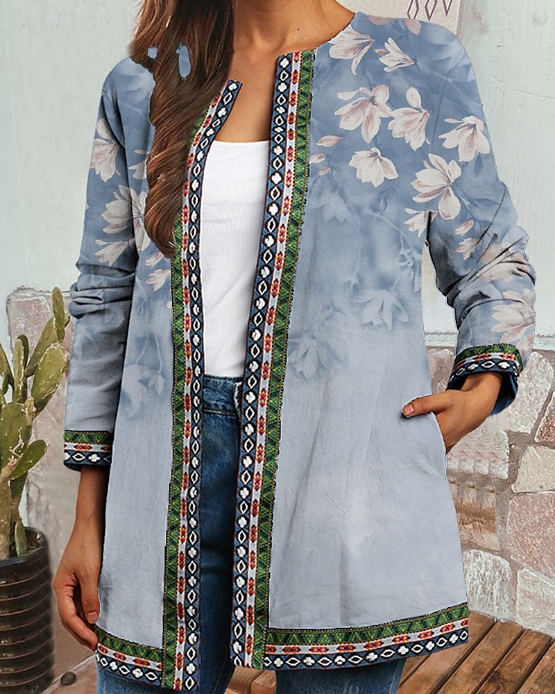 Damen Elegante Staubtücher Elegante Jacken Freizeitjacke Straße Ausgehen Herbst Winter Regulär Mantel Normale Passform Warm Bequem Mode Modern Jacken Langarm Blumen Tasche Wein Blau Himmelblau 2025 - $26.99 –P3