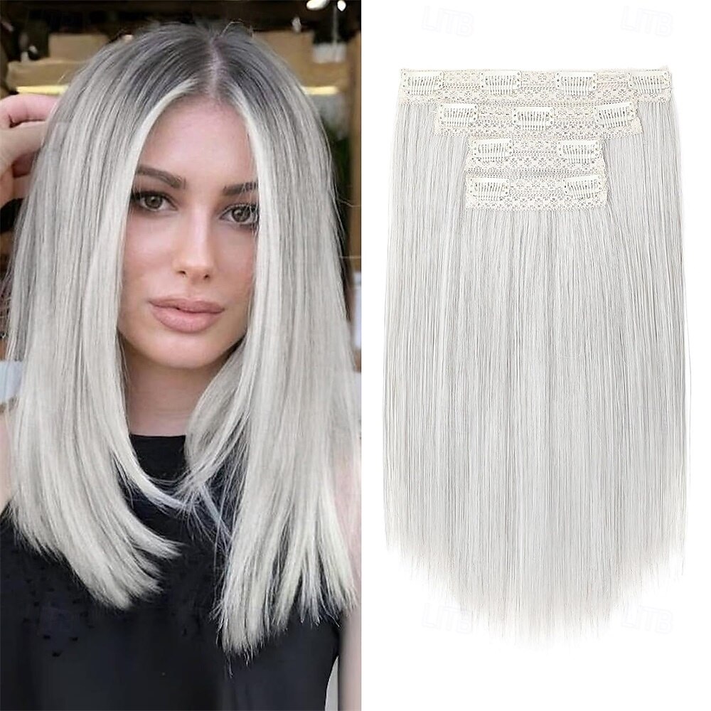 Extension per capelli, 14 clip corte, 4 pezzi, lisce, naturali, sintetiche, morbide, per donna - grigio argento del 2025 a $26.99 –P1
