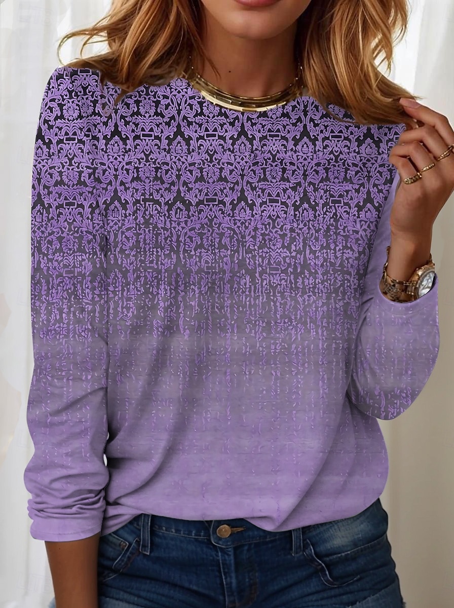 T-Shirt pour femmes streetwear décontracté imprimé manches longues tops réguliers col rond quotidien week-end bleu violet vert khaki printemps automne de 2025 ? $22.99 –P6