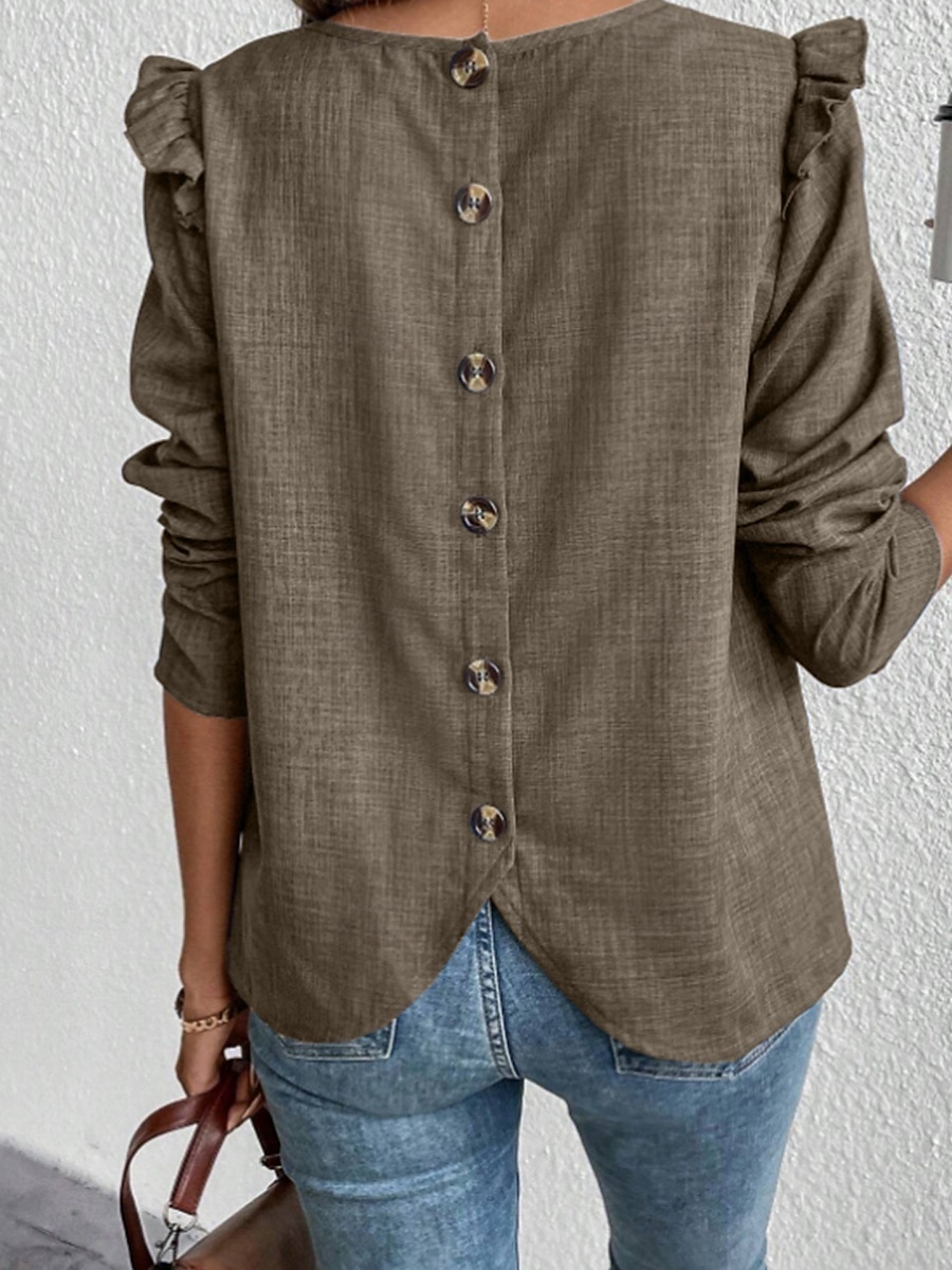 Dame T skjorte عادي Mote Moderne Fritid Langermet Crew-hals Vanlige topper Daglig Helg Drapering Knapper Svart Navyblå Kakifarget Grå Sommer 2025 - $25.99 –P6