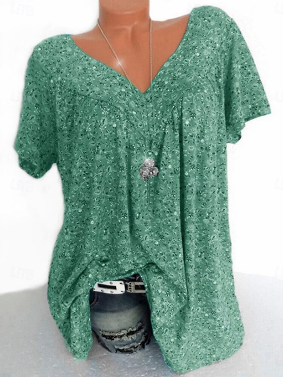 Femmes T-shirt Fleuri Mode Moderne Occasionnel Manche Courte Col en V Hauts Réguliers Quotidien Week-end Rose Claire Rouge Bleu Vert Été de 2025 ? $19.99 –P2