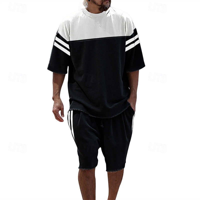 Voor heren T-shirt past 2 stuks outfits T-shirt en korte broek Korte mouw Strakke ronde hals Zomer Kleurenblok Modieus Casual 2-stuks Vakantie Alledaagse kleding Uitgaan Zwart Blauw Groen Top T-shirt 2025 - $26.99 –P7