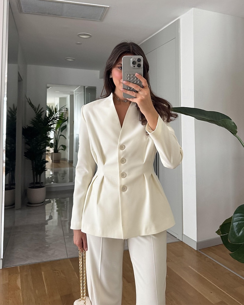 Macacão  Conjunto de Calças 2 Peças Conjunto de Mãe da Noiva Conjunto de Calças com Blazer Sem Gola Elegante Vintage Simples Mangas Longas Comprimento do Chão Calças com Detalhes de Pregas de 2025 por $169.99 –P2