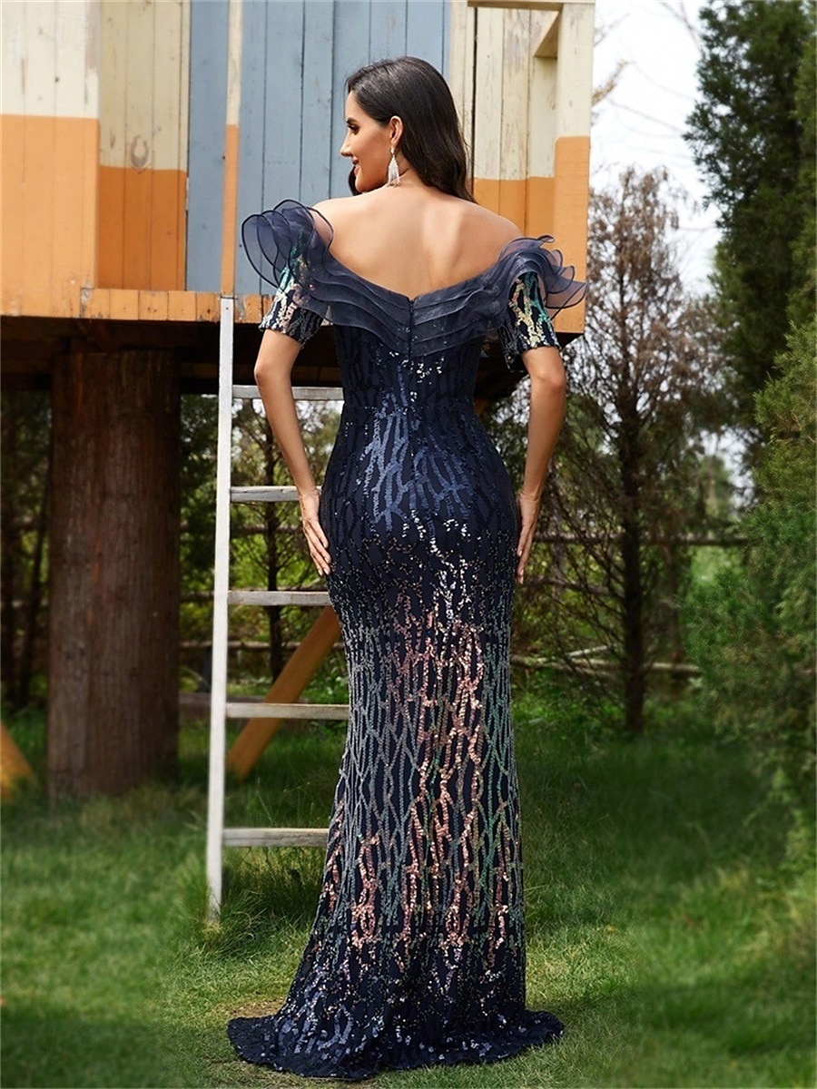 Trompetă / Sirenă Rochii de Quinceanera Elegant Rochie Oficial Nuntă Lungime Podea Manșon scurt De Pe Umăr Polyester Fără Spate cu Paiete Volane 2025 2025 - $109.99 –P8