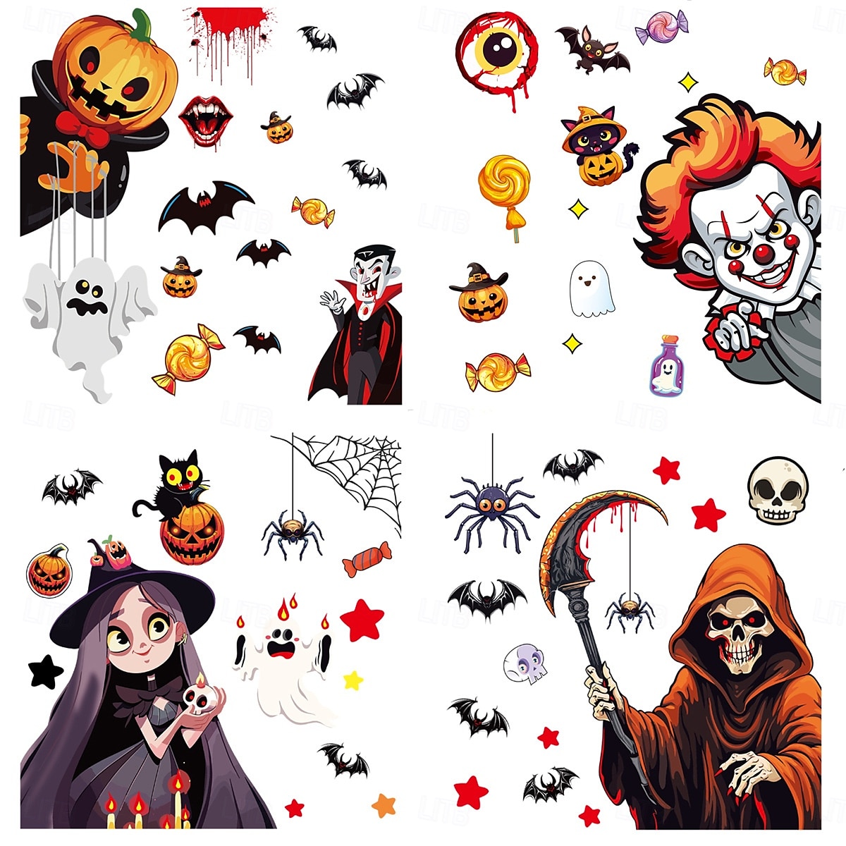 Lot de 6 feuilles d'autocollants décoratifs pour fenêtre d'Halloween, double face, motif squelette, sorcière, chauve-souris, citrouille, araignée, faucheuse, statiques, pour décoration murale en verre de 2025 ? $6.99 –P2