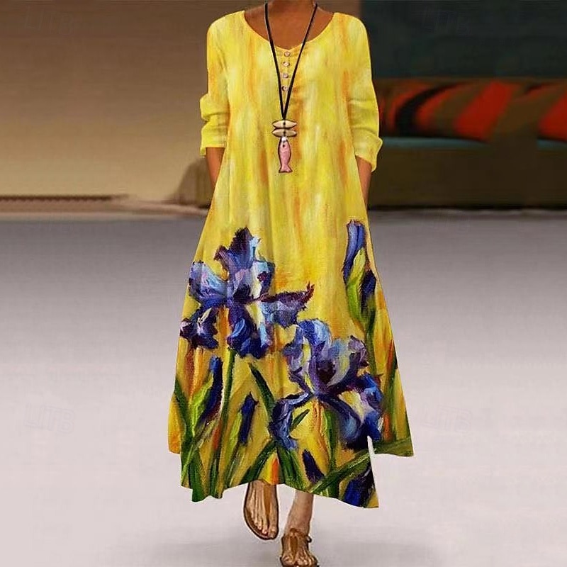 Femmes Robe Longue Maxi Robe Robe Décontractée Robe Imprimée Élégant Mode Classique Extérieur Vacances Fête Coupe régulière Fleur manche longue Col en V Blanche Jaune Été Printemps de 2025 ? $25.99 –P2