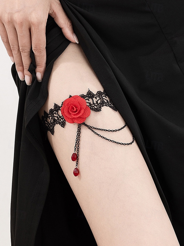 Liga elástica de encaje gótico con rosas para mujer, con cadenas y cuentas, joyería elástica vintage para muslos, ideal para fiestas de Halloween y cosplay. 2025 - $9.99 –P1