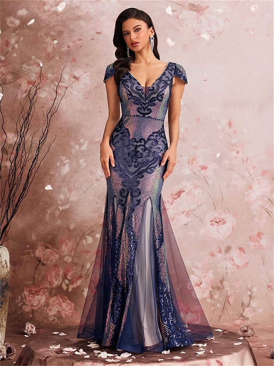 Mořská panna  Trumpet Šaty k Quinces Elegantní Šaty Formální Svatební Délka k podlaze Krátké rukávy V krku Polyester s flitry 2025 - $124.99 –P7