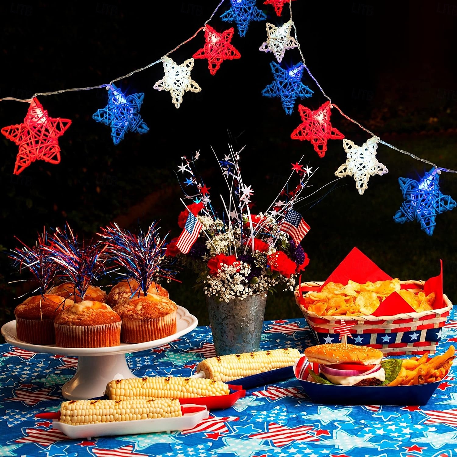 1 Pc 3M-20 LED Star String Lights Red, White, Blue Vine Weaving Pentagram Light String July 4th Independence Day Party Patriotic Atmosphere Decorative Light AAA Battery Box 2025 - $14.49 –P13