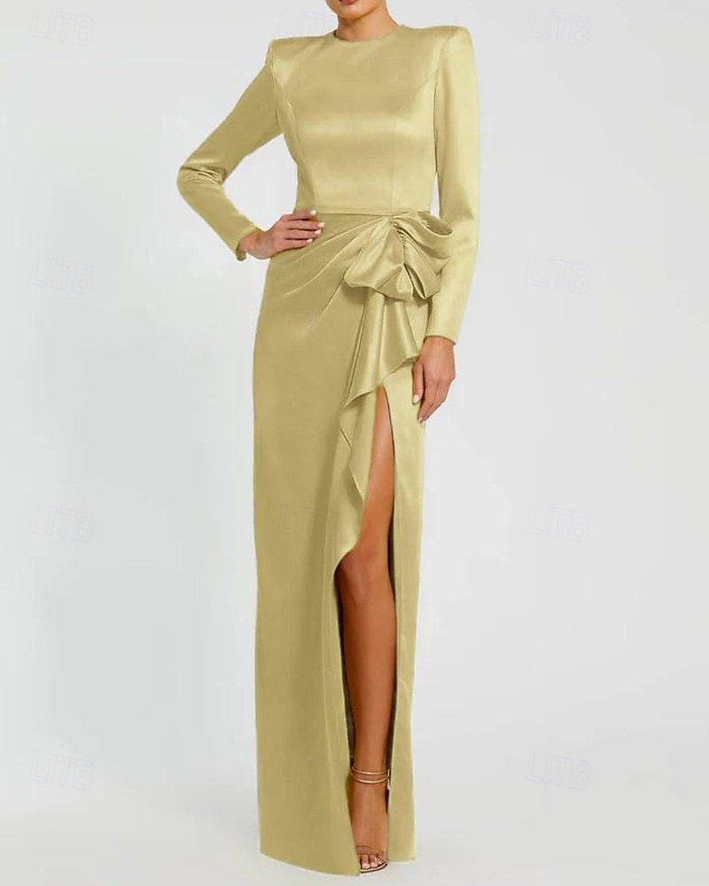 Vestido de Noite Black Tie Sereia  Trompete Vestido Elegante Formal Casamento Comprimento de Piso Manga Longa Vestido de Cetim Decote Redondo com Laço(s) Fenda com Pregas de 2025 por $144.99 –P9