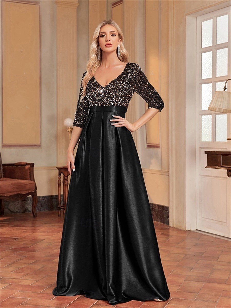 A-Line Quinceanera Dresses Elegant Dress Formal Wedding Floor Length Long Sleeve V Neck Polyester with Sequin 2025 - $99.99 –P1