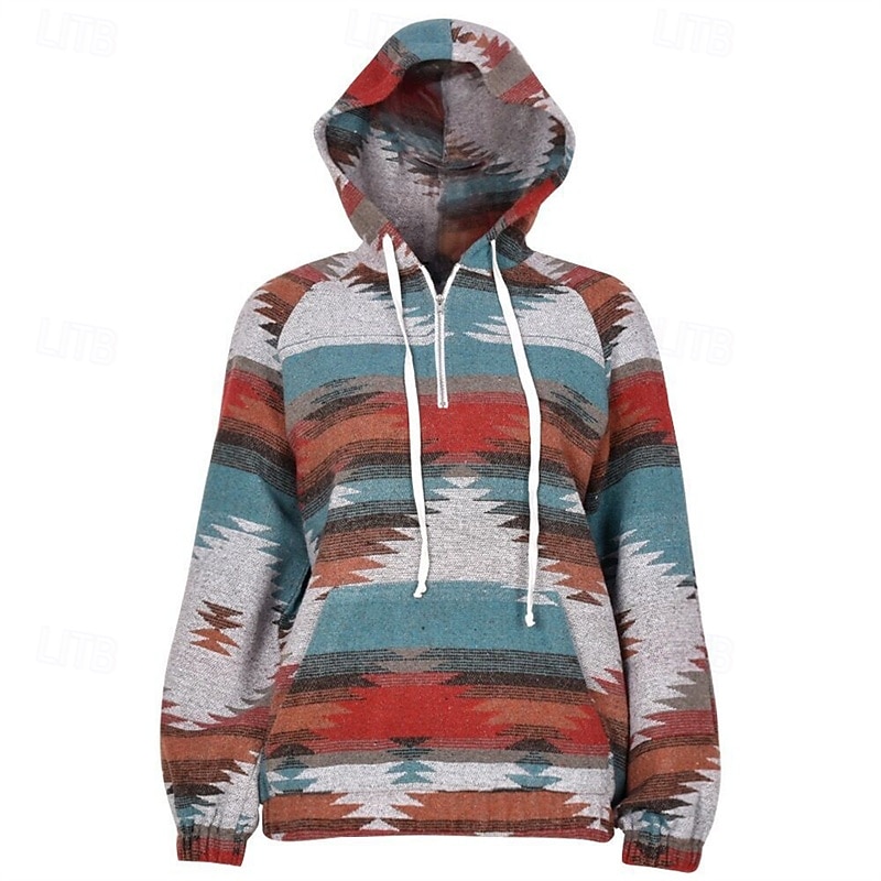 Dame Pullover hettegenser-genser Stamme Gatemote Fritid Behagelig Langermet Med hette Vanlige topper Gate Ferie Ut på byen Trykt mønster Quarter Zip Blå Høst 2025 - $31.99 –P3