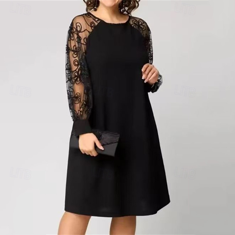 Damen Minikleid Spitzenkleid Freizeitkleid Elegant Mode Outdoor Urlaub Date Regular Fit Einfarbig Langarm Rundhals Schwarz Frühling Herbst 2025 - 22,99 € –P1