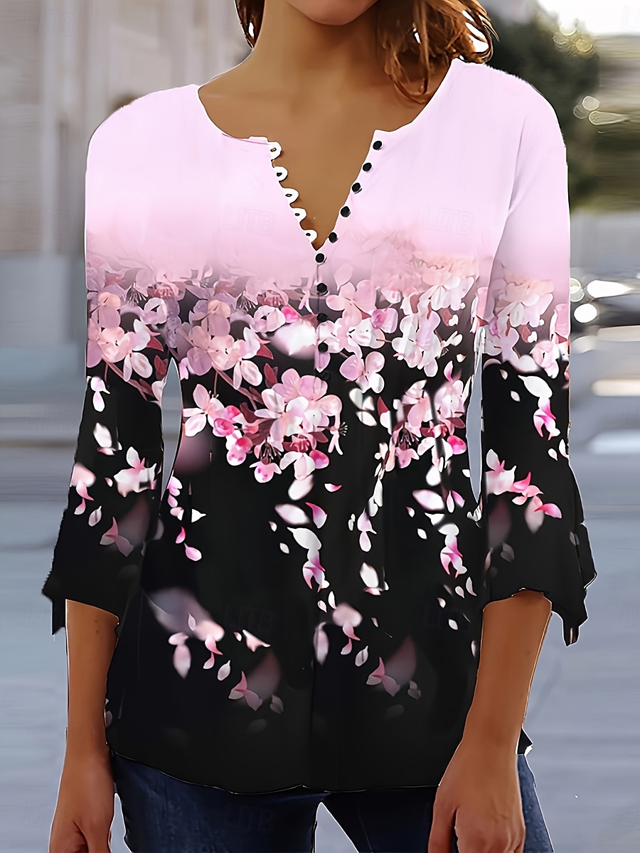 Damebluse V-hals Ombre Grafisk Elegant 3/4-langermet Rund hals Vanlige topper Daglig Gå ut Volanger Knapper Svart Hvit Rosa Vår Høst 2025 - $23.99 –P5
