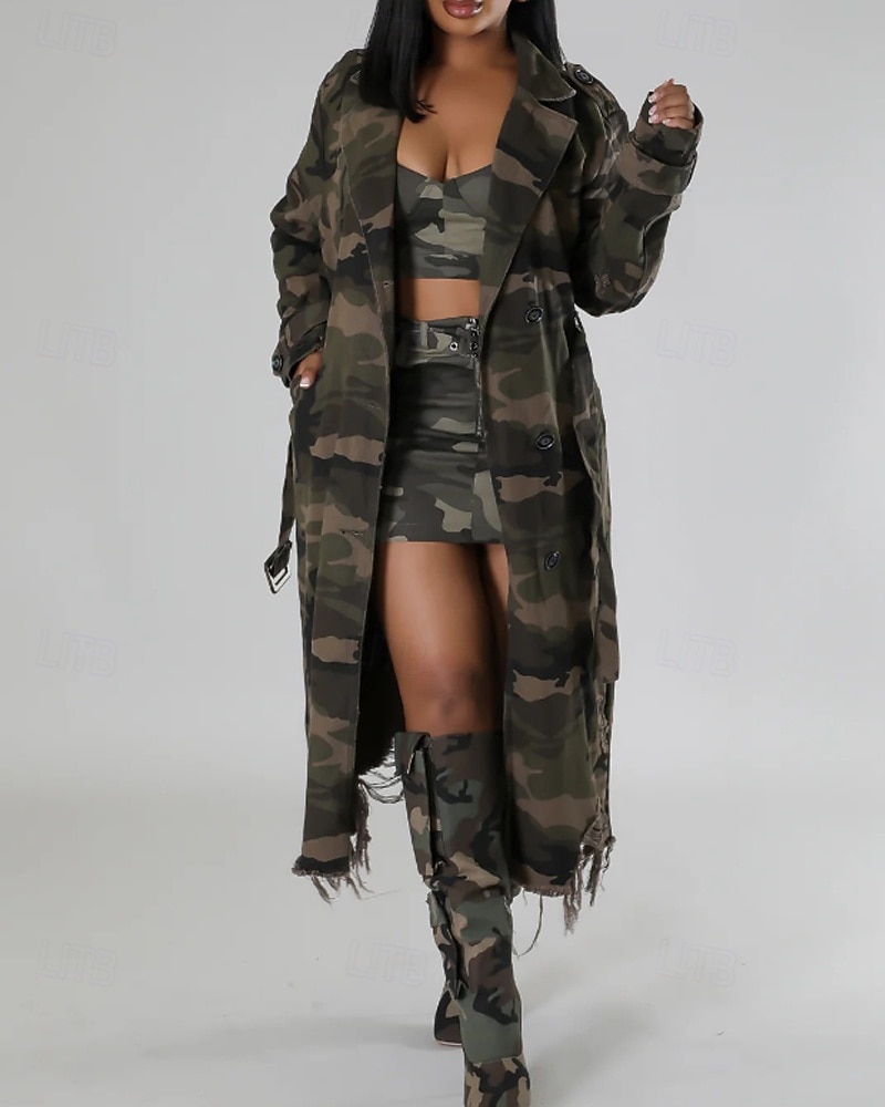 Damen Trenchcoat Bequem Knöpfe Tasche Modern Streetstyle Tarnung Outdoor Ausgehen Einreihig Lang Umlegekragen Normale Passform Langarm Oberbekleidung Hellgrün Dunkelgrün Herbst Winter 2025 - $46.99 –P9