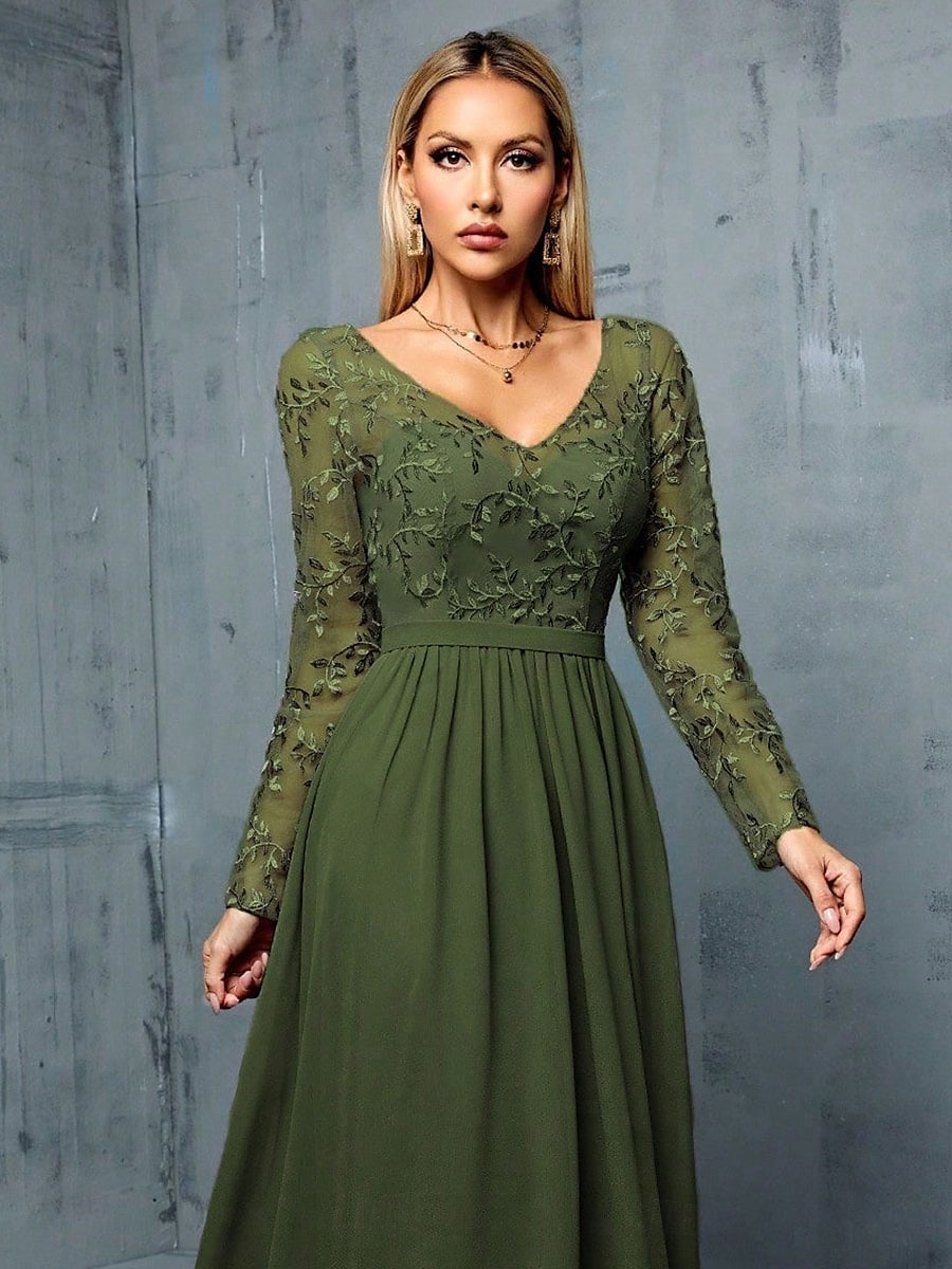A-Lijn Quinceanera Jurken Elegante Jurk Formele Bruiloft Vloerlengte Lange Mouw V-Hals Chiffon met Plooien 2025 - $109.99 –P3