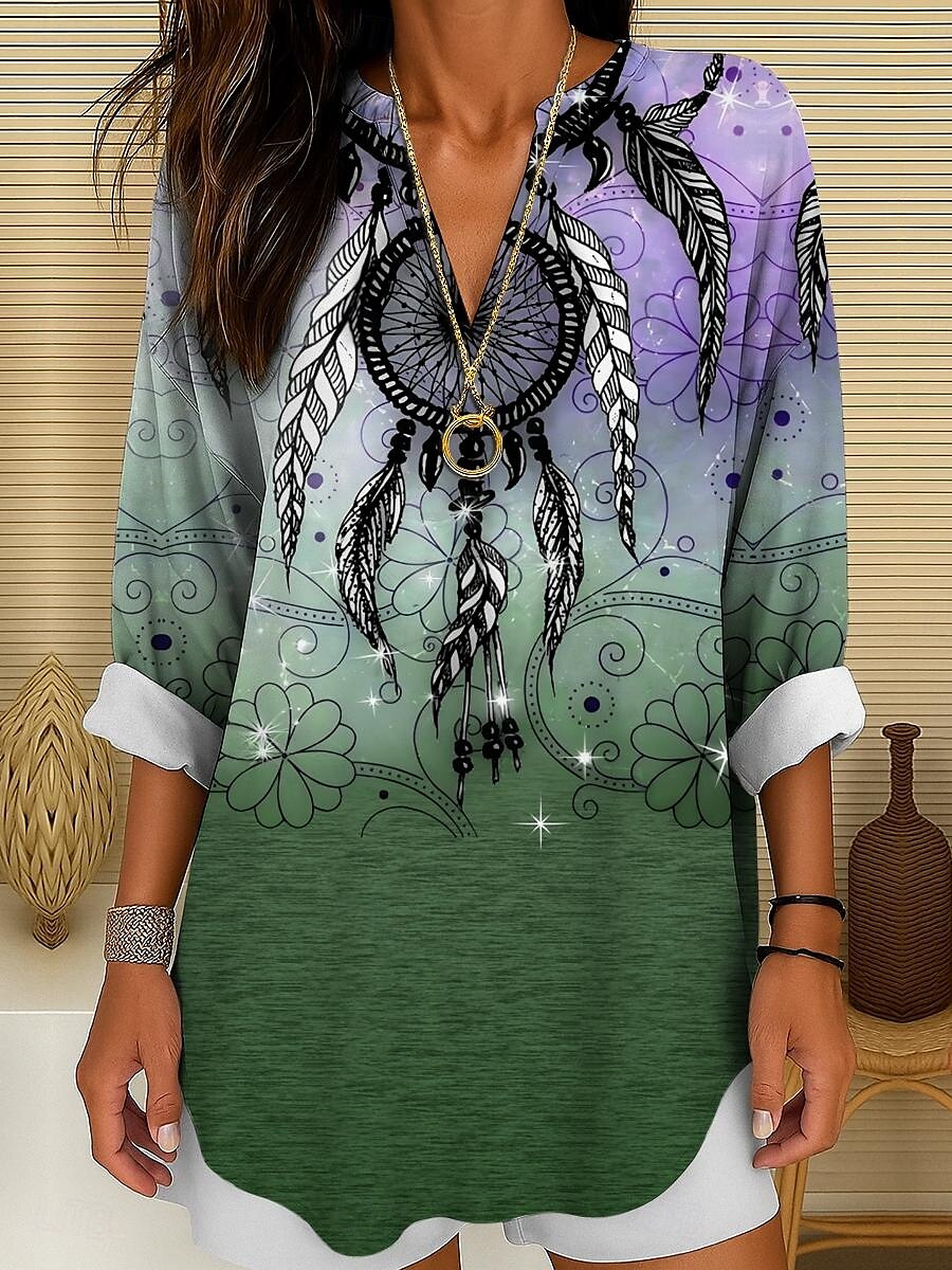 Damenbluse Langarm Tunika Tops Graphic Bohemia Vintage Tropical V-Ausschnitt Reguläre Tops Tägliche Urlaub Strandbekleidung Druck Blau Lila Braun Grün Sommer Frühling 2025 - $24.99 –P4