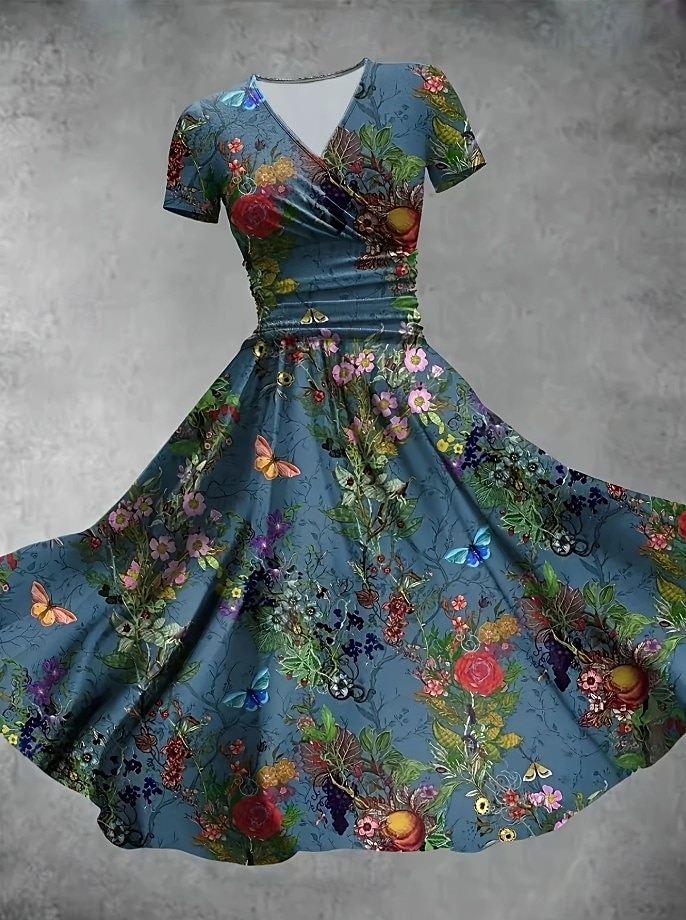 Dam Midiklänning Sommarklänning Fit And Flare Klänning Semester party Ledigt Bröllopsgäst Dagligen Helgdag Normal Blommig Grafisk Kortärmad V-hals Rodnande Rosa Blå Mörkgrön Grön Sommar 2025 - $27.99 –P4