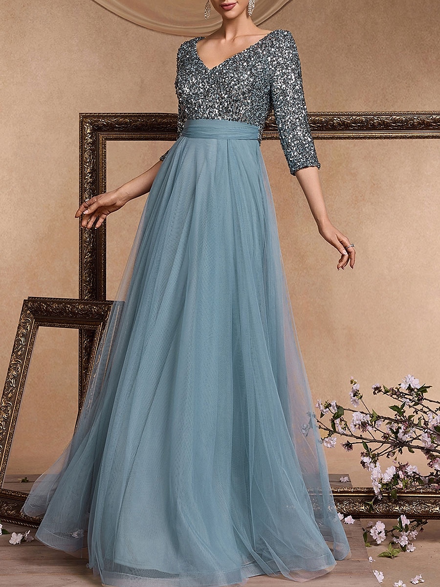 Vestido de Gala em A Vestido Elegante Formal Casamento Comprimento do Chão Manga 3/4 Decote em V Com Lantejoulas com Lantejoulas de 2025 por $119.99 –P5