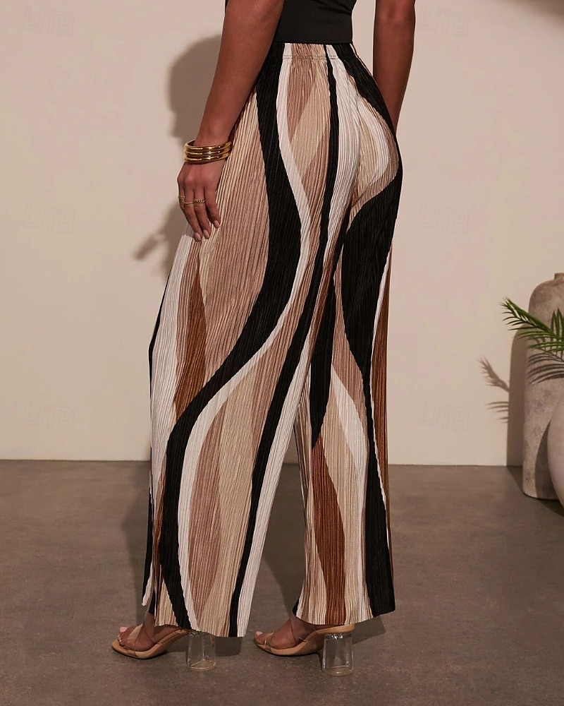 Damen Weites Bein Stoffhosen Streetwear Lässig Volle Länge Natürliche Taille Geometrie Elastisches Kordelzugdesign Bequem Außenbereich Urlaub Ausgehen Braun Herbst Normale Passform 2025 - $18.99 –P3