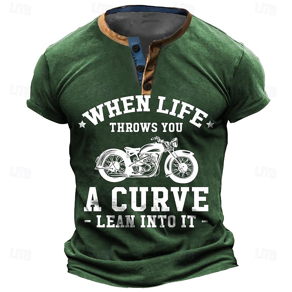Mannen's Henley Hals Korte Mouwen T-Shirt Motorfiets Grafische T-Shirt met "Wanneer Het Leven Je Een Curve Geeft - Leun Erin" Levensstijl Quote Casual Top 2026 - $22.99 –P6