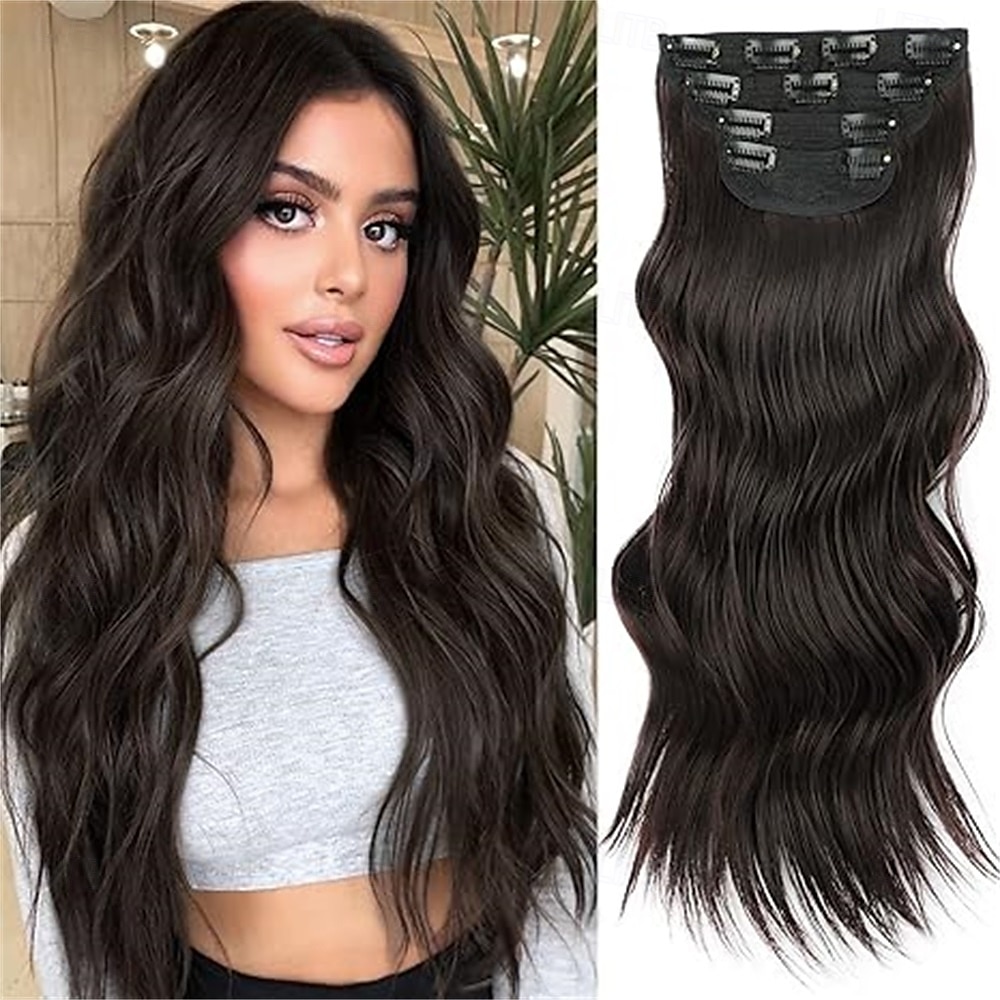 Extensions de cheveux à clipser 20 pouces, extensions de cheveux longs blonds mélangés noirs, 4 pièces, postiches synthétiques souples pour femmes de 2025 ? $26.99 –P4