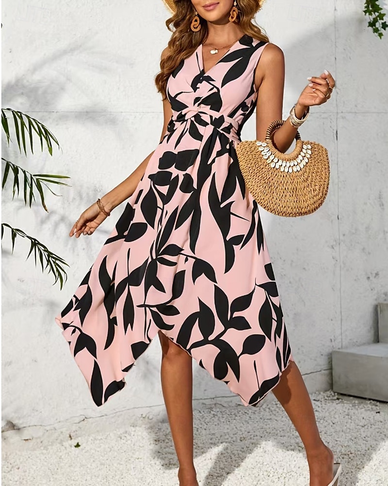 Damen Midikleid Blumenkleid Druckkleid Mode Klassisch Modern Outdoor Urlaub Täglich Normale Passform Blume Ärmellos V Ausschnitt Rosa Blau Aprikose Sommer 2025 - $22.99 –P4