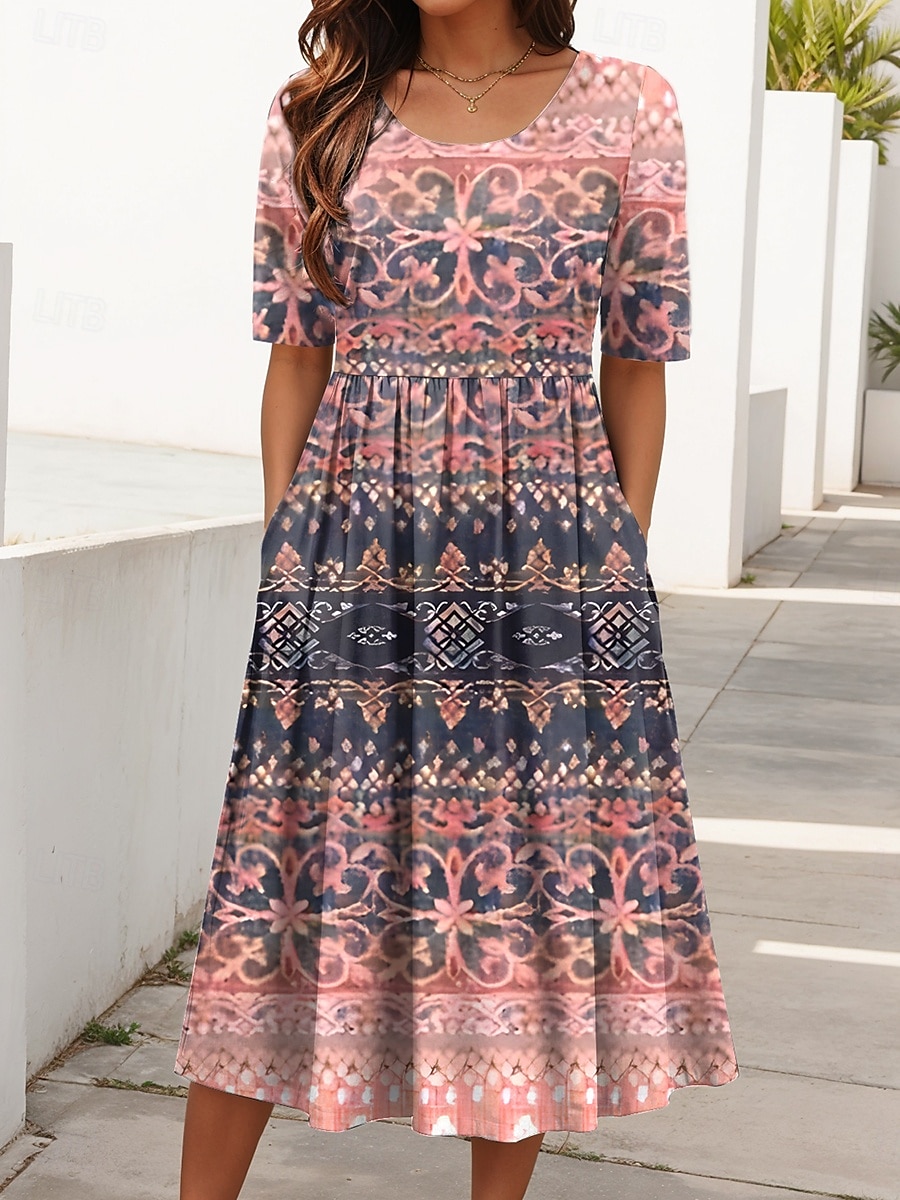 Pentru femei Rochii Midi Rochie de vară Rochie plisata Vacanță Casual Concediu Fit regulat Grafic Geometric Manșon Jumate Stil Nautic Roz Îmbujorat Albastru piscină Mov Trifoi Vară Primăvară Toamnă 2025 - $31.99 –P1